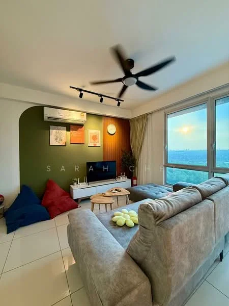 Living features: 3-seater fabric sofa in grey, ceiling fan, wall-mounted TV, TV console, coffee table, decorative cushions in red and blue, green accent wall, wood paneling, large windows with city view, recessed lighting, white tiled flooring, curtains; style: modern; view: city.