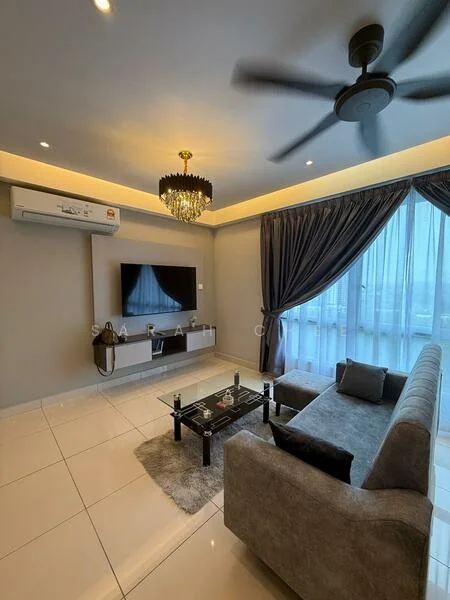 Living features: grey fabric sofa, coffee table with glass top, area rug, wall-mounted TV, 5-blade ceiling fan with light, recessed downlights, floor-to-ceiling windows, sheer curtains, cream painted walls, glossy tile flooring, chandelier; style: modern; view: city.