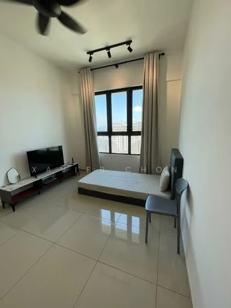 Bedroom features: white painted walls, glossy tile flooring, 5-blade ceiling fan with light, floor-to-ceiling window, curtains, TV console, wall-mounted TV, single bed frame, chair; style: modern; view: city.
