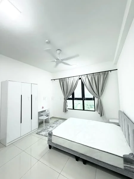 Bedroom features: white painted walls, glossy tile flooring, 5-blade ceiling fan with light, floor-to-ceiling window, grey upholstered bed frame, empty mattress, white wardrobe with sliding doors, study desk, curtains, area rug; style: modern; view: garden.
