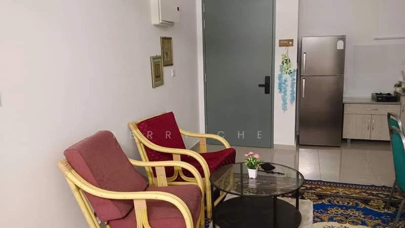 Living features: 2 rattan armchairs with red cushions, glass coffee table, fridge, wall-mounted air conditioning unit, grey door, tiled flooring, decorative rug with intricate pattern, wall-mounted artwork, kitchen area visible in background; style: modern.