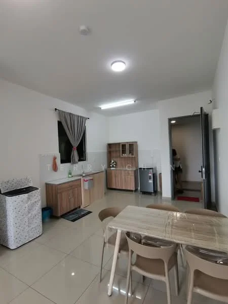 Kitchen features: white painted walls, glossy tile flooring, ceiling light, wooden cabinetry, stainless-steel fridge, kitchen sink, countertop, dining table with chairs; style: modern.