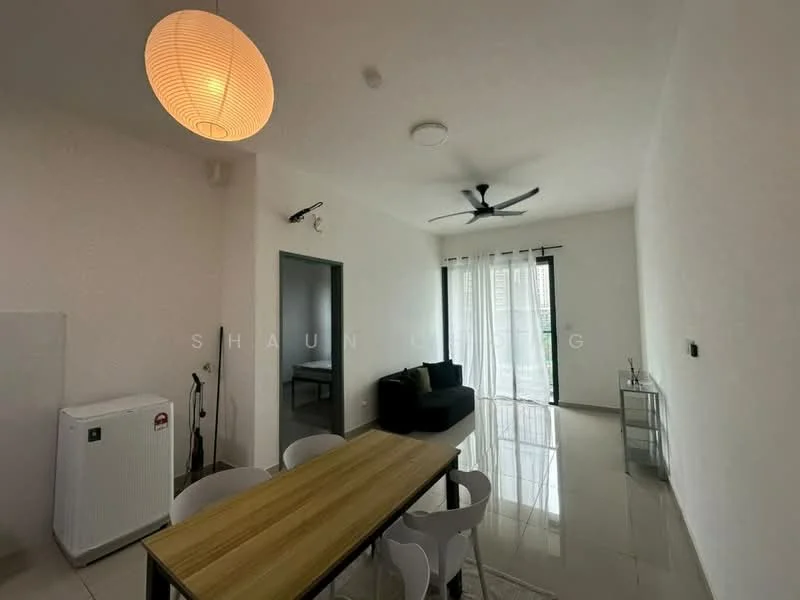 Dining features: dining table with wooden top, 4 white dining chairs, floor-to-ceiling windows, black sofa, ceiling fan, pendant light, white walls, glossy tile flooring, sliding glass door, curtains, side console table, refrigerator; style: modern.