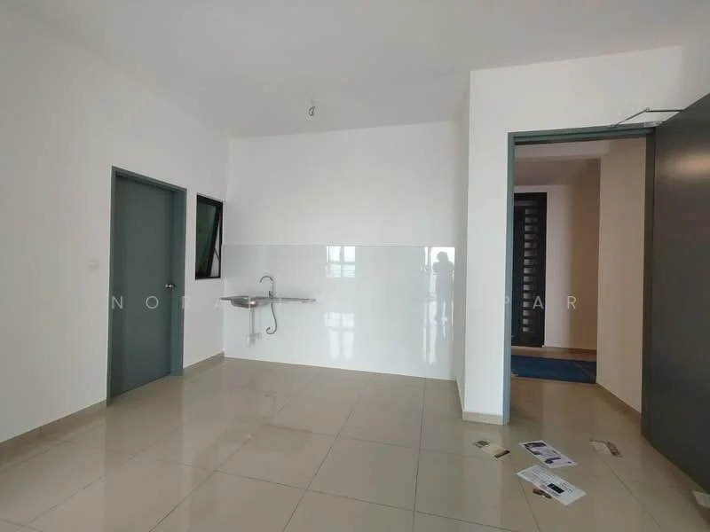 Room features: white painted walls, glossy tile flooring, single window, stainless-steel sink, wall-mounted faucet, doorway to adjacent room, doorway to hallway, ceiling light fixture; style: modern.