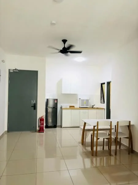 Living features: white painted walls, glossy tile flooring, 5-blade ceiling fan with light, dining table with four wooden chairs, stainless-steel fridge, kitchen cabinets in white, countertop, sink, window with black frame; style: modern.