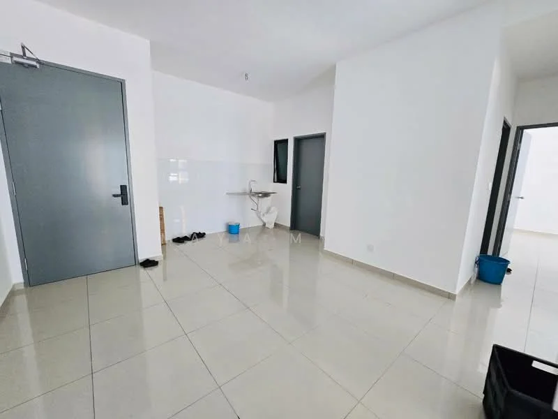 Room features: white painted walls, glossy ceramic tile flooring, single-basin sink, grey door, window with black frame, light fixture on ceiling, bucket, black storage box; style: modern.