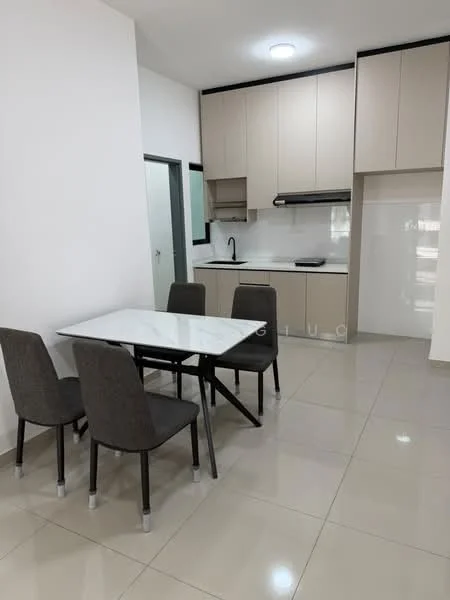 Dining features: 4-seater dining table with marble top, grey upholstered dining chairs, white painted walls, cream cabinetry, black kitchen countertop, single-bowl stainless-steel sink, chrome pull-down faucet, built-in oven, stainless-steel range hood, ceramic tile flooring, recessed downlights, wall-mounted cabinet, open shelving; style: modern. Kitchen features: black kitchen countertop, cream cabinetry, built-in oven, stainless-steel range hood, single-bowl stainless-steel sink, chrome pull-down faucet, ceramic tile flooring, recessed downlights; style: modern.