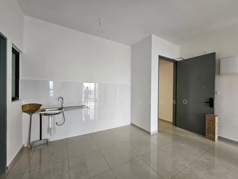 Room features: white painted walls, grey tiled flooring, single-bowl stainless-steel sink, chrome pull-down faucet, window with black frame, door with black frame, light fixture on ceiling, corner space for furniture; style: modern.