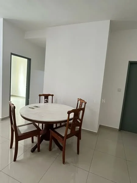 Dining features: round dining table with marble top, 4 wooden dining chairs, white painted walls, glossy ceramic tile flooring, doorway leading to another room, doorway leading to hallway.