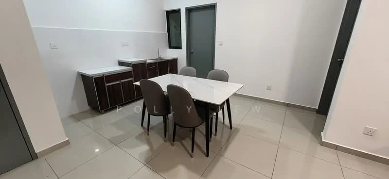 Dining features: white marble dining table, 4 upholstered dining chairs in grey, dark wood cabinetry, white walls, grey tiled flooring, single-bowl stainless-steel sink, modern faucet, window with black frame, door with grey frame; style: modern.