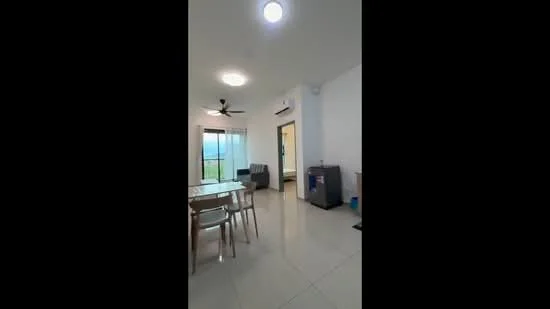 Living features: white painted walls, glossy tile flooring, 5-blade ceiling fan with light, floor-to-ceiling windows, sliding glass door, dining table with chairs, sofa, refrigerator; style: modern; view: garden.