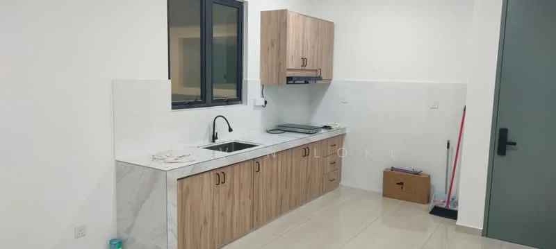 Kitchen features: white marble countertop, wood cabinetry with brown finish, single-bowl stainless-steel sink, chrome pull-down faucet, built-in stove with exhaust hood, white tiled backsplash, light-colored wall tiles, ceramic tile flooring, window above sink, box for storage, broom visible; style: modern.