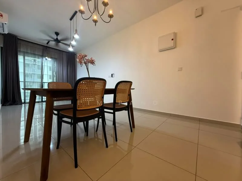 Dining features: 4-seater dining table, wooden dining chairs with cane backing, pendant light fixture, wall-mounted air conditioning unit, grey floor tiles, white painted walls, floor-to-ceiling windows with sheer curtains, ceiling fan; style: modern.