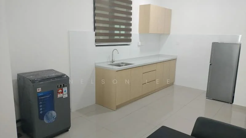 Kitchen features: single-bowl stainless-steel sink, chrome pull-down faucet, light wood cabinetry, grey countertop, built-in washing machine, stainless-steel fridge, white tiled walls, glossy floor tiles, roller blinds on window; style: modern.