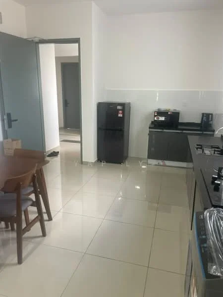 Kitchen features: white painted walls, glossy tile flooring, black refrigerator, built-in oven, 4-burner gas hob, black countertop, kitchen cabinets with flat-panel design, kitchen sink, coffee machine, dining table with wooden chairs; style: modern.