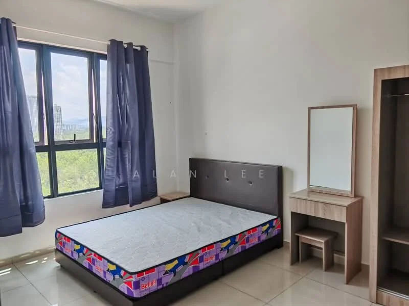 Bedroom features: queen-size bed frame, mattress without bedding, floor-to-ceiling windows, blue curtains, wooden bedside table, mirror on the table, built-in wardrobe, glossy tile flooring, neutral painted walls; style: modern; view: city.