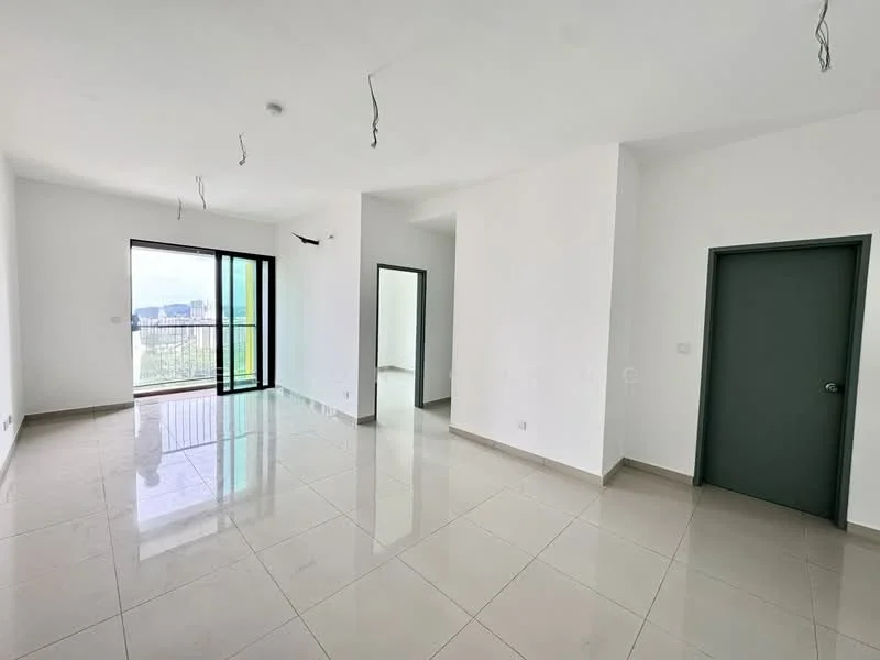 Room features: white painted walls, glossy tile flooring, large floor-to-ceiling windows, green door, two ceiling light fixtures, open layout, balcony access, neutral color scheme; style: modern; view: city.