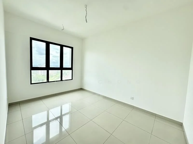 Room features: white painted walls, glossy ceramic tile flooring, large windows with black frames, city view, no visible ceiling fixtures, neutral color scheme, empty space; style: modern; view: city.