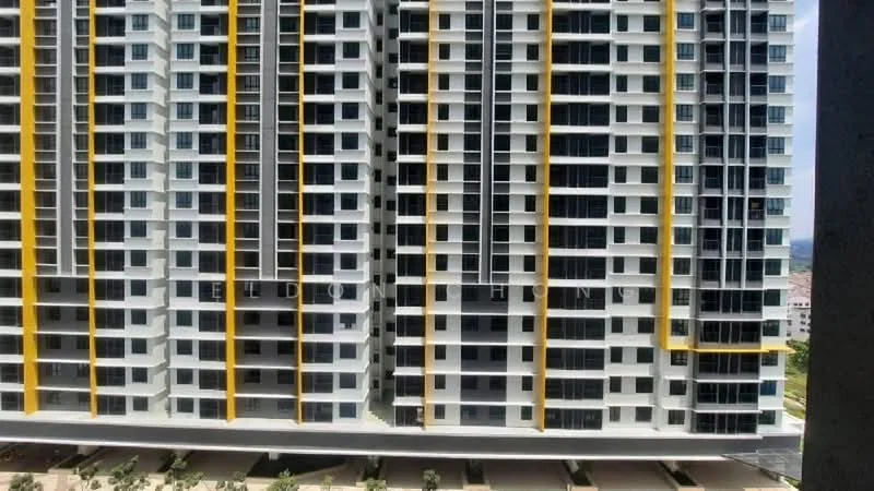 Exterior type: high-rise condominium; features: glass curtain wall, yellow accent lines, multiple balconies, concrete facade, manicured landscaping, parking deck, surrounded by greenery; style: modern.