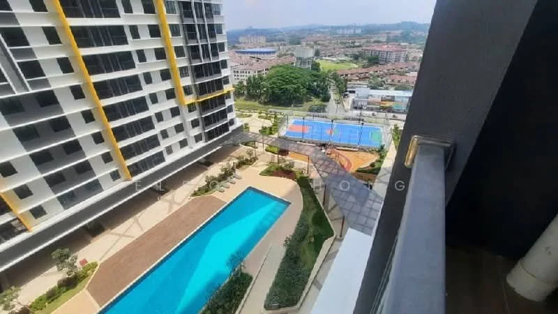 Exterior type: high-rise condominium; features: infinity pool, swimming pool deck, tennis court, landscaped garden, manicured lawn, children's playground, outdoor seating area, surrounded by greenery; style: modern.