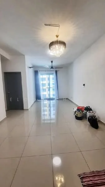 Living features: white painted walls, polished ceramic tile flooring, chandelier, 5-blade ceiling fan, floor-to-ceiling windows, sliding glass door, curtains, decorative rug, two bags on the floor; style: modern.