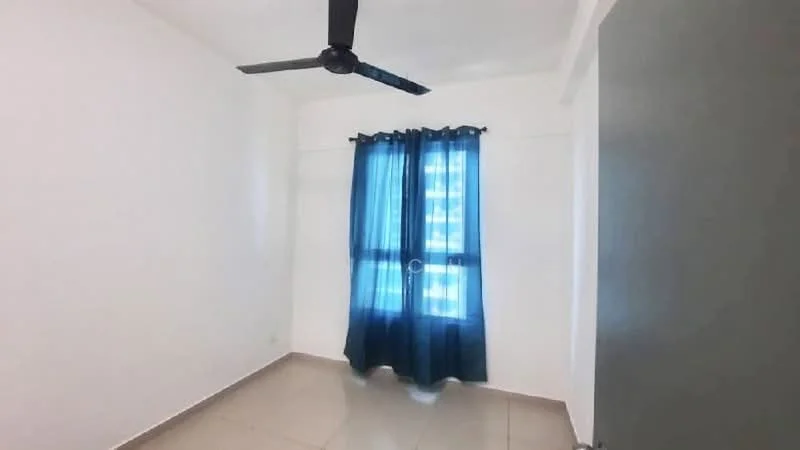 Room features: white painted walls, tile flooring, ceiling fan, floor-to-ceiling window, blue curtains, door, natural light.
