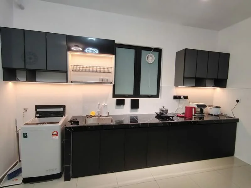 Kitchen features: black cabinetry, white countertop, stainless-steel sink, chrome faucet, built-in microwave, electric kettle, toaster, cookware on countertop, black tile backsplash, under-cabinet lighting, floor-to-ceiling window, ceramic tile flooring, recessed lighting; style: modern.