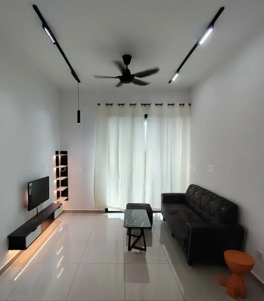 Living features: 3-seater fabric sofa in black, coffee table, wall-mounted TV, TV console with LED lighting, floor-to-ceiling windows with sheer curtains, ceiling fan with light, recessed LED downlights, glossy tile flooring, decorative side table in orange; style: modern.