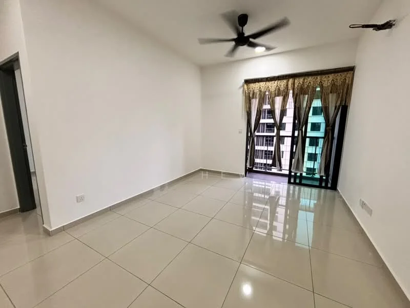 Living features: white painted walls, glossy ceramic tile flooring, 5-blade ceiling fan, floor-to-ceiling windows, blackout curtains, balcony door, natural light, neutral color palette; style: modern; view: city.