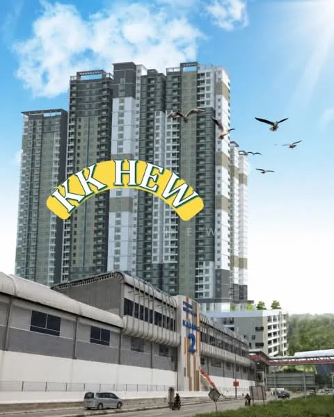 Exterior type: high-rise condominium; features: glass curtain wall, grey and white facade, multiple balconies, surrounding greenery, urban context, adjacent to commercial building, visible signage, skyline view, approximately 20-storey high-rise; style: modern.