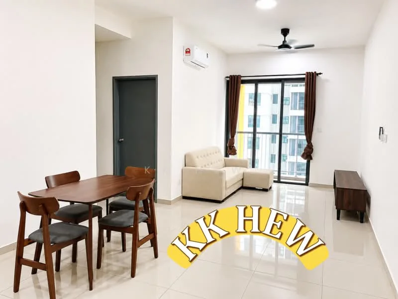 Living features: cream painted walls, glossy tile flooring, 5-blade ceiling fan with light, floor-to-ceiling sliding glass door, brown curtains, light-colored sofa, wooden coffee table, dining table with four chairs; style: modern.