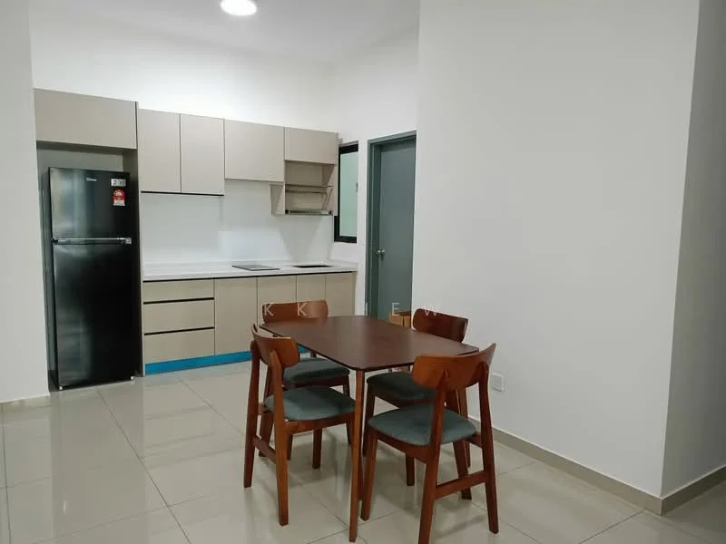 Kitchen features: light beige cabinetry, black fridge, white countertop, built-in stove, single-bowl stainless-steel sink, chrome pull-down faucet, open shelving, tile flooring, recessed ceiling lights, dining table with four chairs; style: modern.