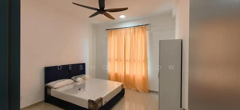 Bedroom features: queen-size bed, upholstered headboard, white painted walls, cream curtains, floor-to-ceiling window, tile flooring, ceiling fan, built-in wardrobe; style: modern.