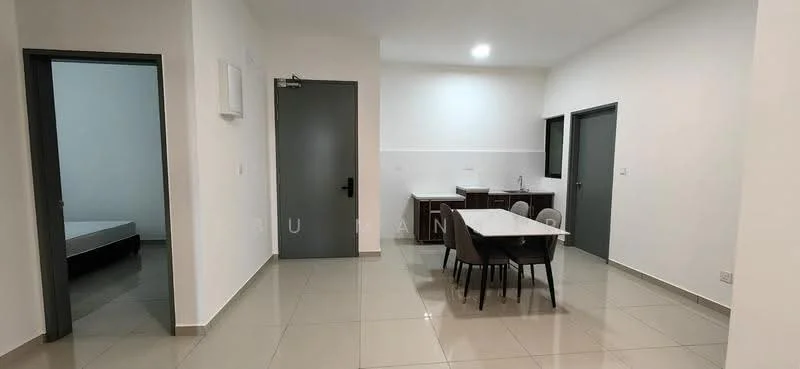 Dining features: dining table with four chairs, white walls, grey tiled flooring, recessed lighting, window with black frame, kitchenette with cabinets, countertop, door leading to another room; style: modern. Bedroom features: bed frame without mattress, white walls, grey tiled flooring, window with black frame; style: modern.