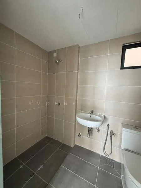 Bathroom features: light beige tiled walls, grey tiled flooring, walk-in shower with glass partition, chrome shower head, wall-mounted sink, toilet, small window for natural light, modern fixtures; style: modern.