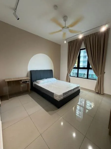 Bedroom features: king-size bed with upholstered headboard, white bed linens, floor-to-ceiling windows, curtains in beige, ceiling fan with 3 blades, light-colored walls, grey accent wall, glossy ceramic tile flooring, wooden bedside table, decorative wall feature, built-in wardrobe; style: modern; view: city.