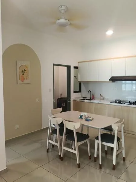 Dining features: 4-seater dining table, white dining chairs, pendant light, wall-mounted ceiling fan, cream painted walls, grey tiled flooring, kitchen area with white cabinetry, black countertop, stainless-steel sink, gas hob, built-in oven, framed artwork on wall, arched doorway, open layout to kitchen; style: modern. Kitchen features: white cabinetry, black countertop, stainless-steel sink, gas hob, built-in oven, grey tiled flooring; style: modern.