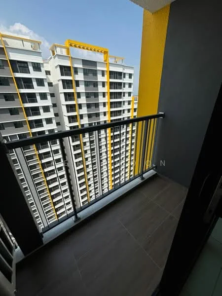 Room features: balcony with railing, grey tiled flooring, yellow accent wall, city view, high-rise building view; style: modern; view: city.
