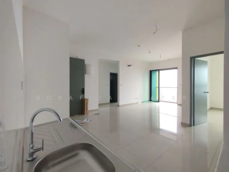 Room features: white painted walls, glossy tile flooring, floor-to-ceiling windows, green sliding door, single-bowl stainless-steel sink, kitchen countertop, ceiling lights, open layout; style: modern.