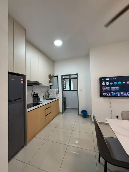 Kitchen features: white painted walls, light wood cabinetry, black countertop, stainless-steel fridge, built-in oven, ceramic tile flooring, single-bowl stainless-steel sink, chrome pull-down faucet, microwave, kitchen island with seating, recessed downlights, wall-mounted TV; style: modern.