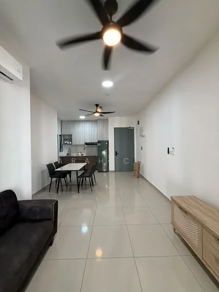 Living features: 3-blade ceiling fan with light, sofa in dark fabric, coffee table, TV console, wall-mounted TV, area rug, white painted walls, tile flooring, recessed downlights, open layout to dining area; style: modern. Dining features: 6-seater dining table, black dining chairs, kitchen visible in background, white cabinetry, stainless-steel fridge, tile flooring; style: modern.