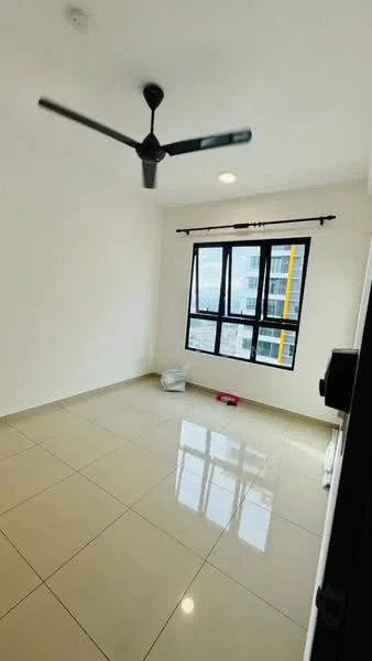 Room features: white painted walls, glossy ceramic tile flooring, 5-blade ceiling fan, floor-to-ceiling windows, black window frames, natural light from windows, curtain rod with no curtains, visible city skyline view; style: modern; view: city.