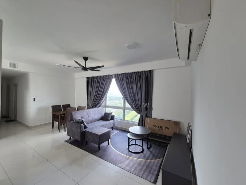 Living features: grey fabric sofa, 3-seater sofa, round coffee table, area rug, wall-mounted TV, TV console, 5-blade ceiling fan with light, floor-to-ceiling windows, curtains, white painted walls, tile flooring, air conditioning unit; style: modern; view: city.