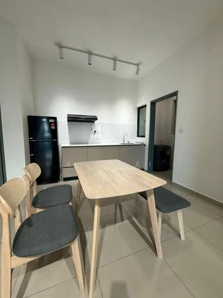 Kitchen features: black fridge, stainless-steel range hood, single-bowl stainless-steel sink, chrome pull-down faucet, grey cabinetry, white walls, recessed lighting, ceramic tile flooring, dining table with wooden legs, two wooden chairs with grey cushions, open shelving, window with glass panes; style: modern.