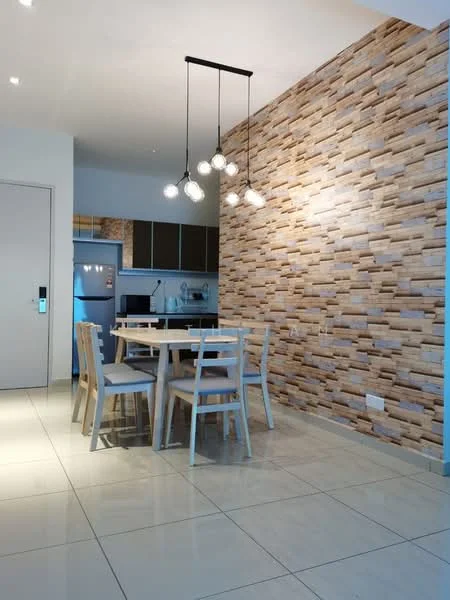 Dining features: dining table with four chairs, pendant lighting with multiple bulbs, feature wall with stone cladding, glossy tiled flooring, white painted walls, kitchen area visible in background, built-in cabinetry in dark wood, refrigerator visible; style: modern.