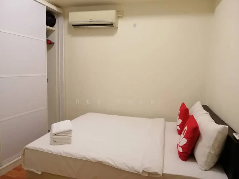 Bedroom features: queen-size bed, white bedding, two red decorative pillows, wooden bed frame, built-in wardrobe with sliding doors, wall-mounted air conditioning unit, wooden flooring, neutral painted walls; style: modern.