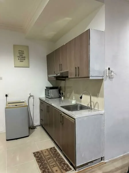 Kitchen features: laminate cabinetry in brown, stainless-steel sink, chrome faucet, grey countertop, microwave, washing machine, cream tiled flooring, white painted walls, decorative rug, wall-mounted cabinet, under-cabinet lighting; style: modern.