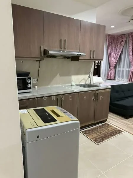 Kitchen features: brown wooden cabinetry, grey countertop, stainless-steel sink, chrome pull-down faucet, built-in microwave, freestanding washing machine, ceramic tile flooring, recessed downlights, curtains, area rug, sofa, wall-mounted cabinet; style: modern.