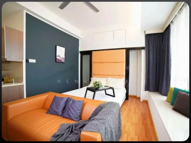 Bedroom features: orange upholstered headboard, queen-size bed with white bedding, wooden flooring, grey throw blanket on bed, brown leather sofa, black coffee table, floor-to-ceiling windows with sheer curtains, blue and green decorative cushions, wall-mounted artwork, dark accent wall, built-in wardrobe with sliding doors, ceiling fan; style: modern.