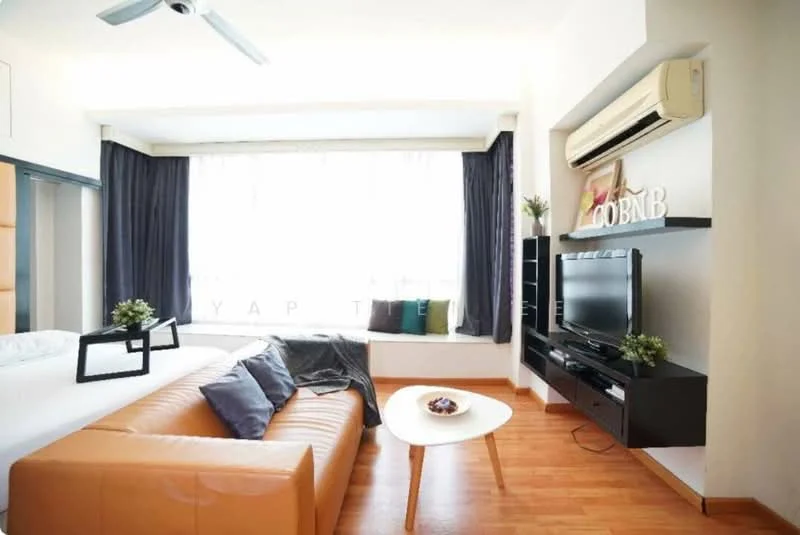 Living features: 3-seater leather sofa in orange, coffee table, wall-mounted TV, TV console in black, floor-to-ceiling windows, sheer curtains, dark wood flooring, ceiling fan, decorative plants, built-in shelving unit; style: modern.